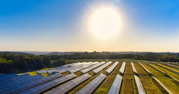Pictured here is an example of a solar farm that produces clean, renewable energy.